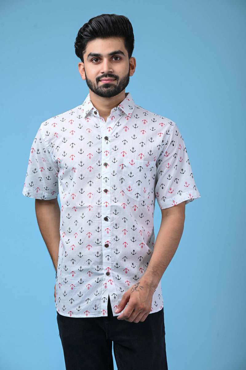 White Men's Shirt with Black-Red Anchor Print - Regular Fit
