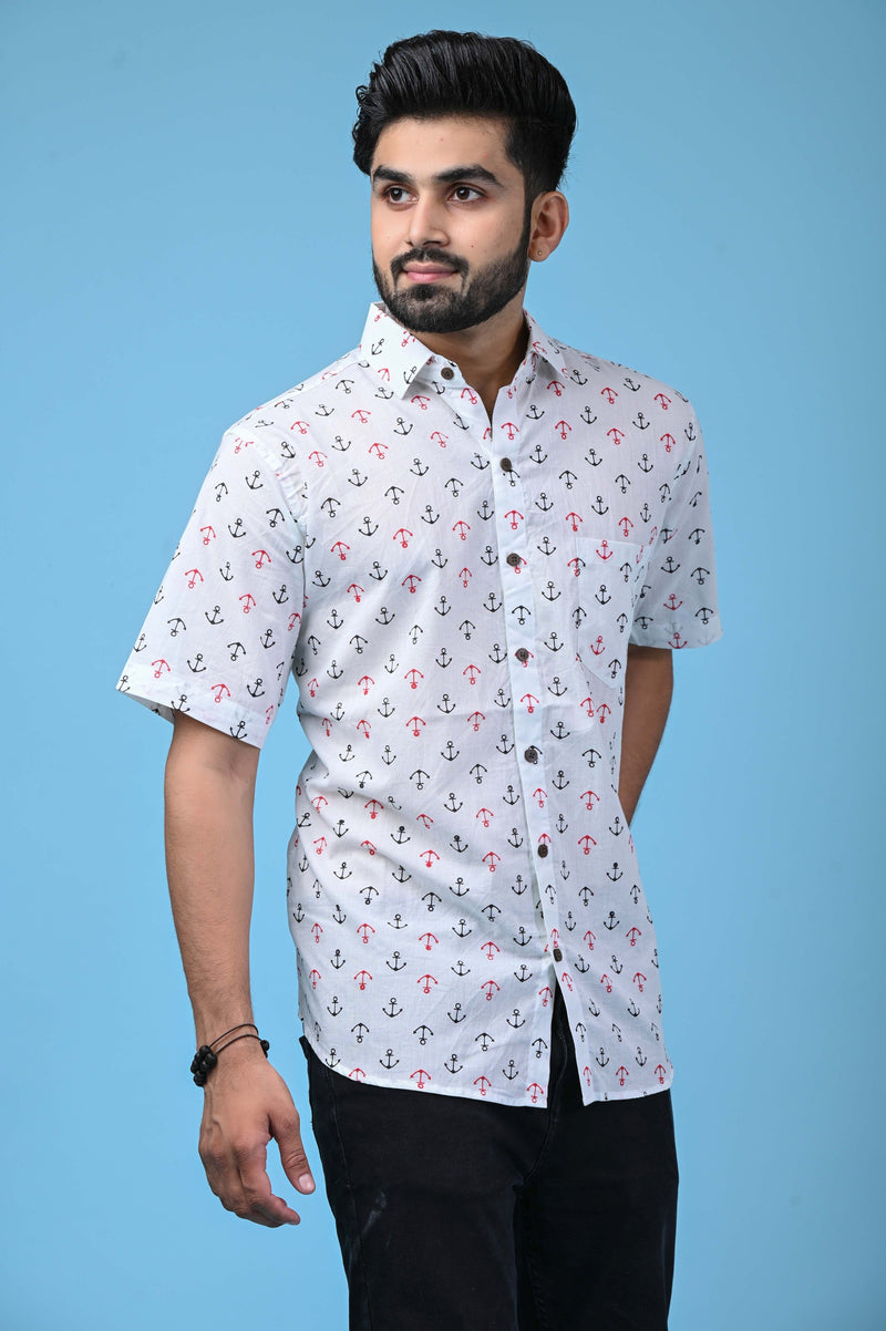 White Men's Shirt with Black-Red Anchor Print - Regular Fit