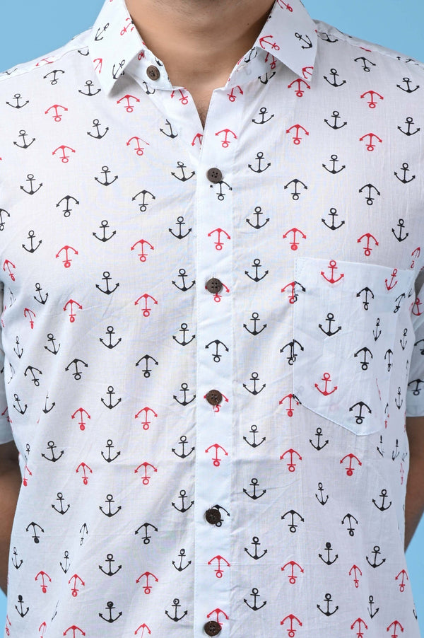 White Men's Shirt with Black-Red Anchor Print - Regular Fit