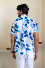 White Men's Shirt Regular Fit With Blue Abstract Print 1
