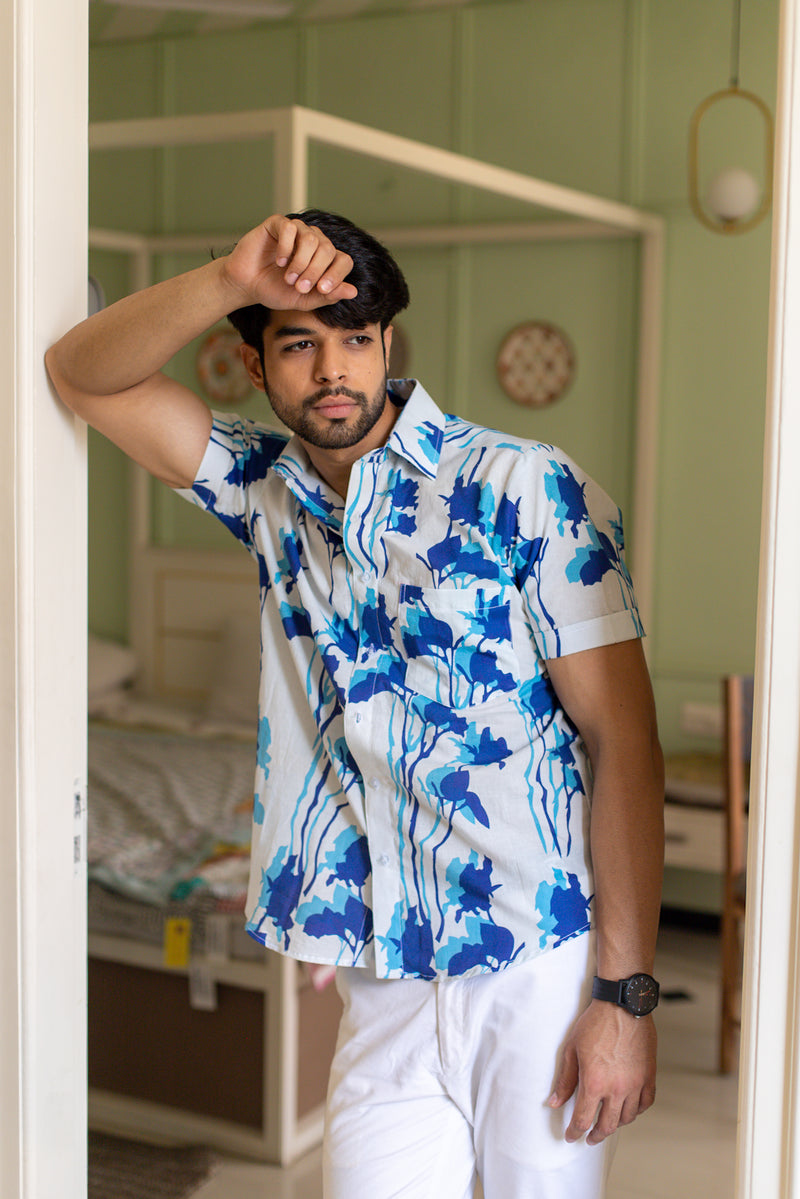 White Men's Shirt Regular Fit With Blue Abstract Print