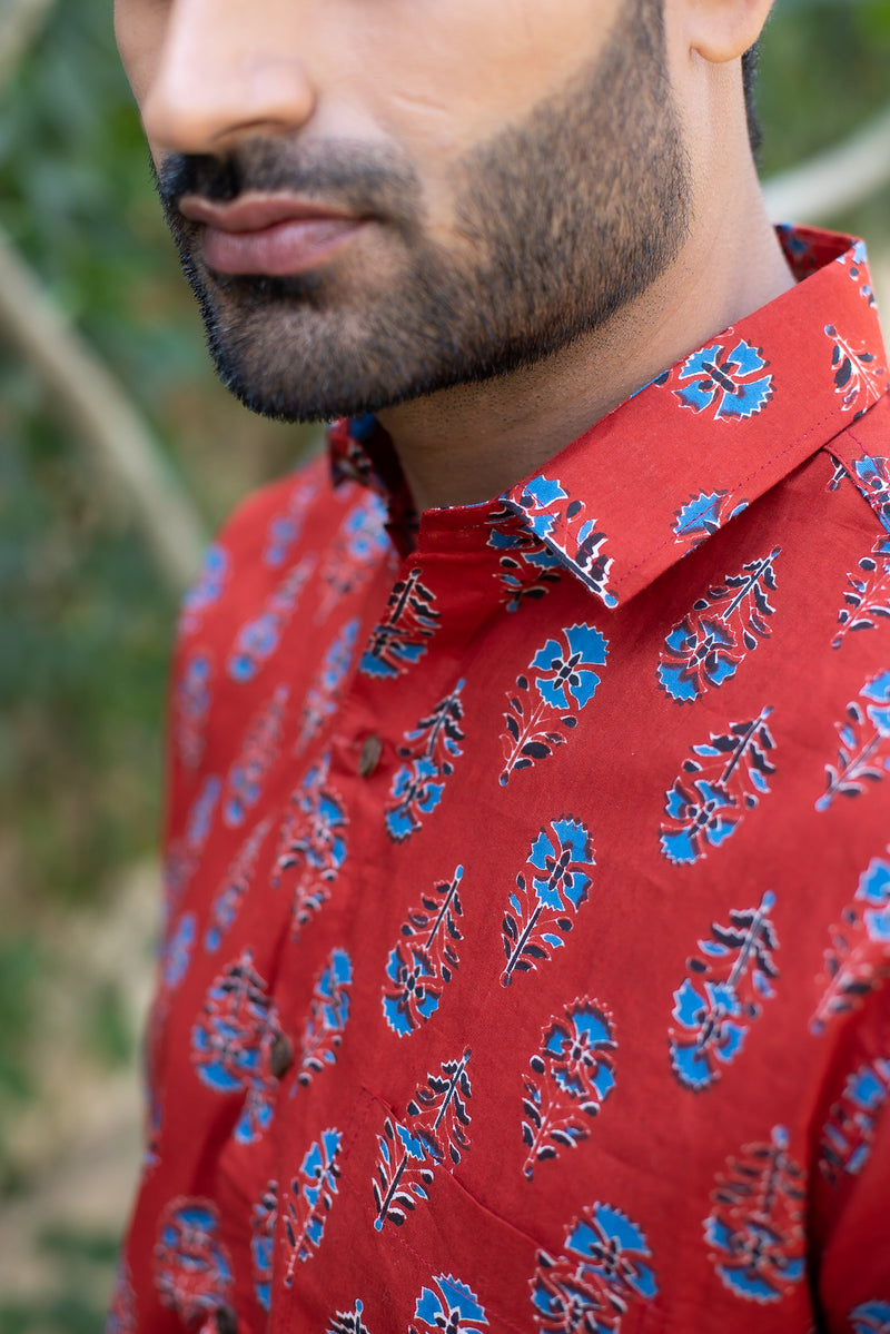 Red Cotton Men's Shirt with Blue Floral Buti 2