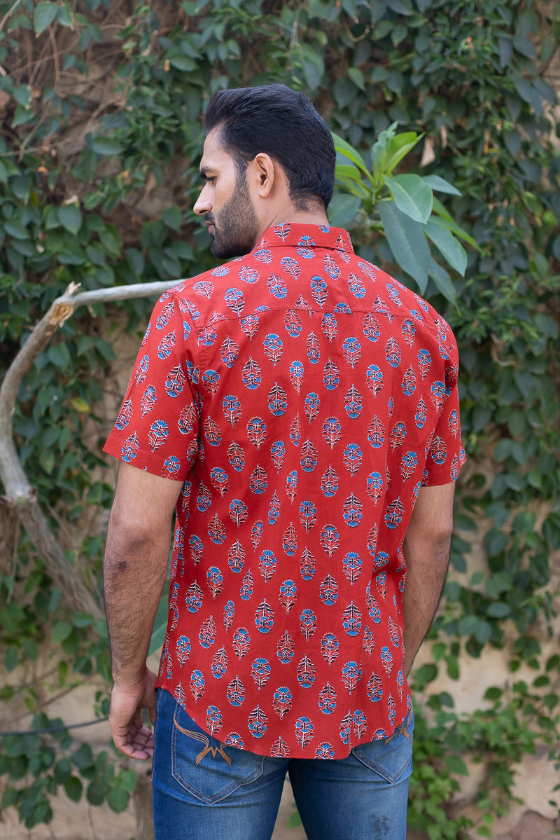Red Cotton Men's Shirt with Blue Floral Buti 1