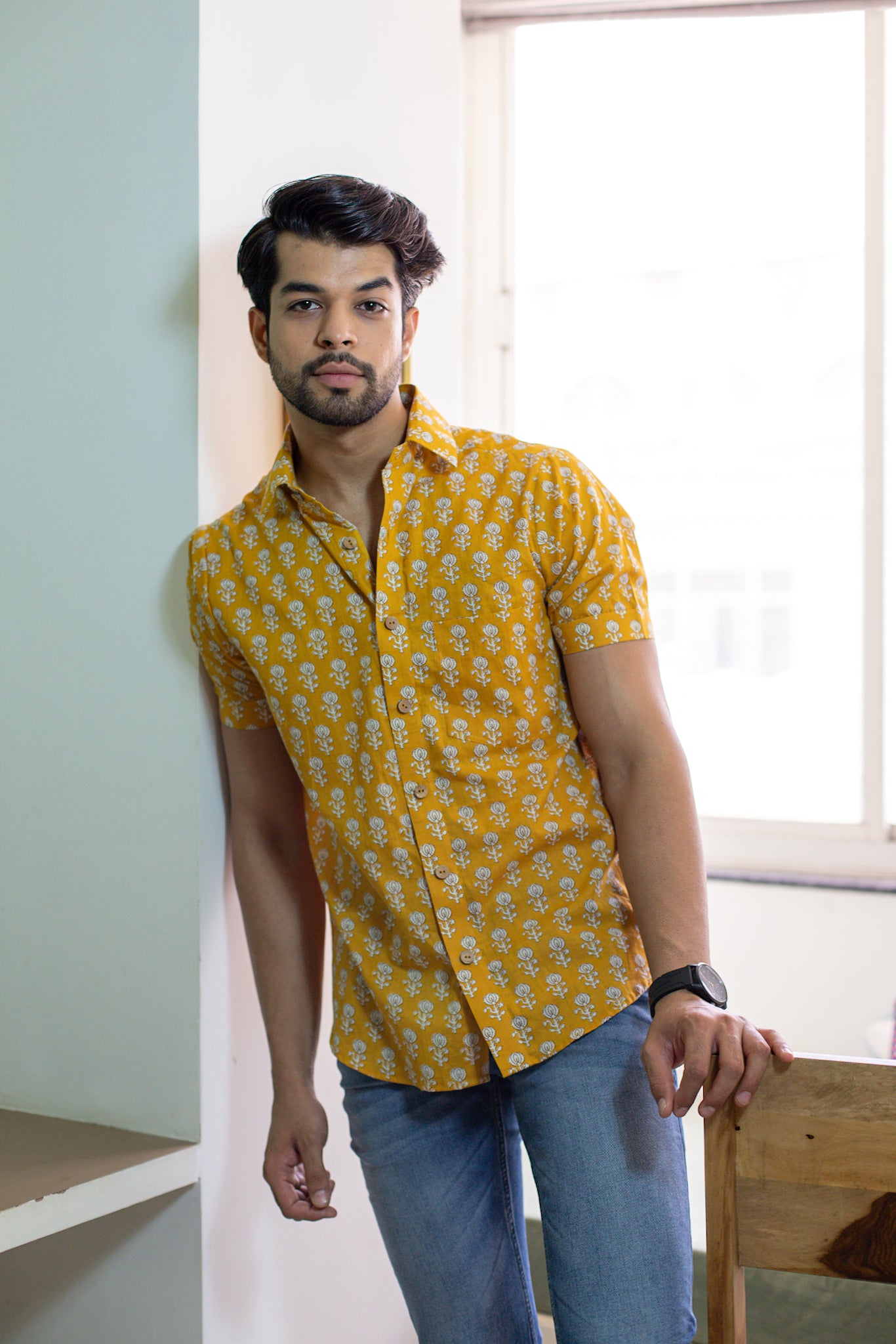 Sunny Yellow Men's Shirt with White Motifs