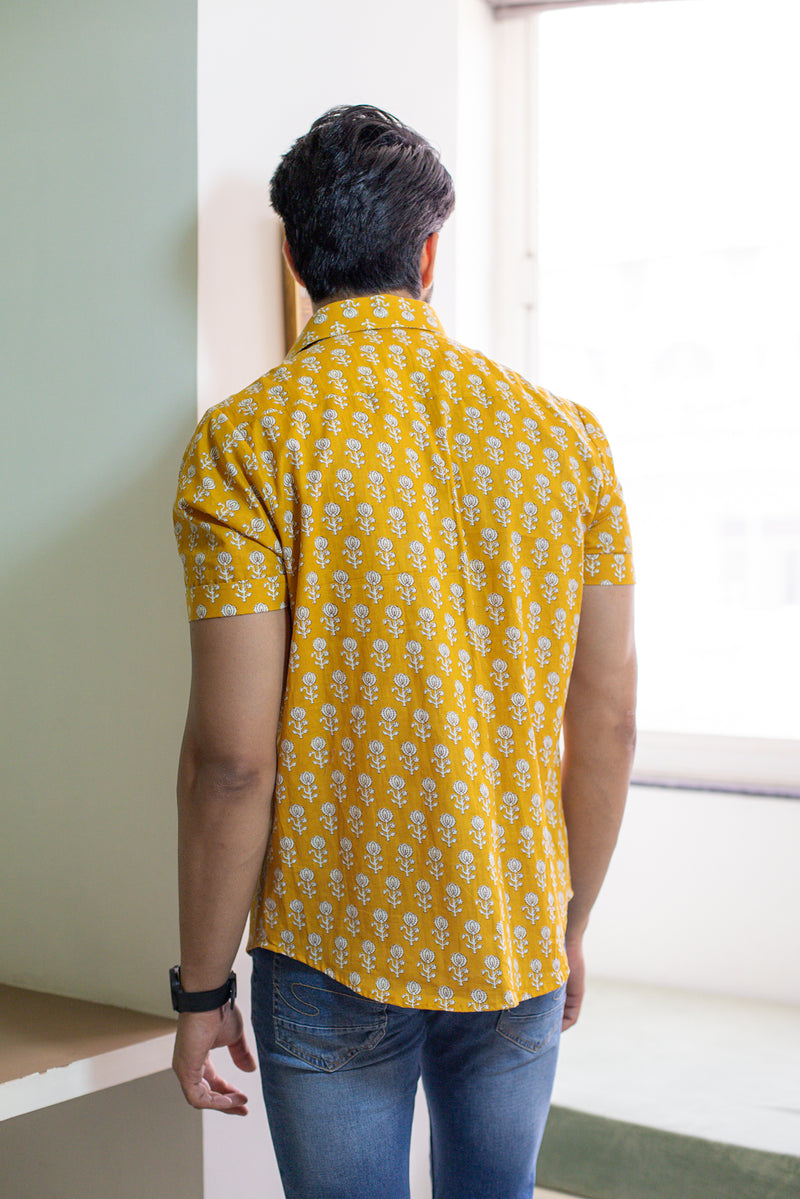 Sunny Yellow Men's Shirt with White Motifs 2