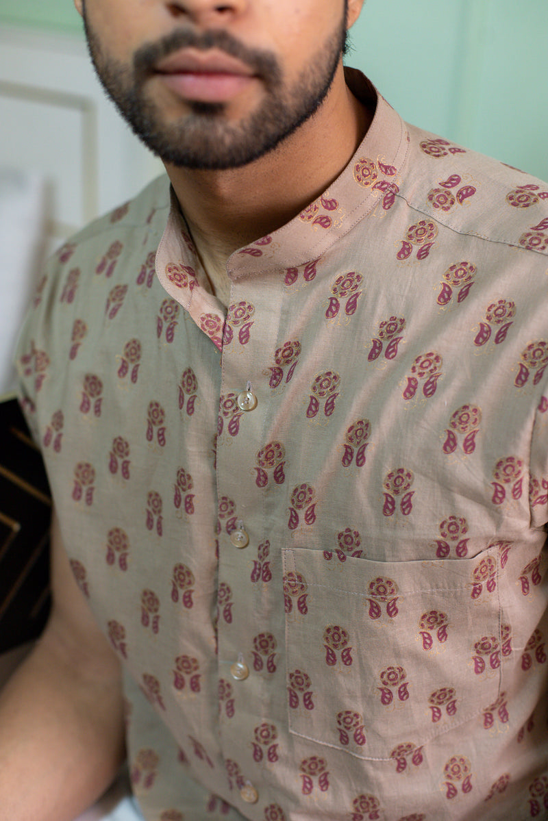 Light Beige Men's Shirt Regular Fit With Dark Pink Motifs 3
