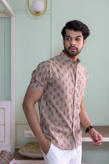 Light Beige Men's Shirt Regular Fit With Dark Pink Motifs 1
