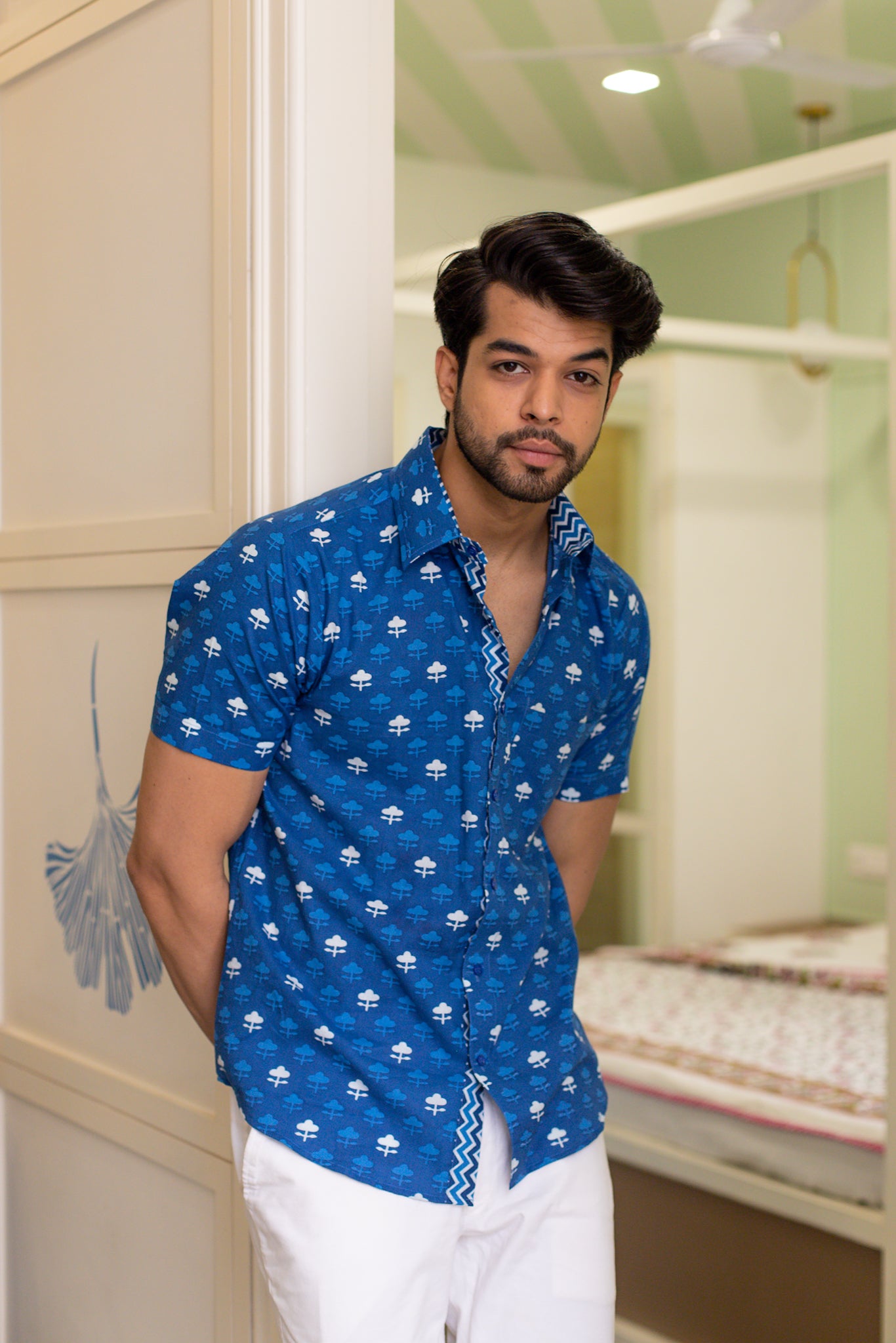 Indigo Men's Shirt Regular Fit With White Motifs