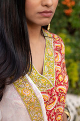 Red Cotton Suit Set With Yellow Keri Print 2