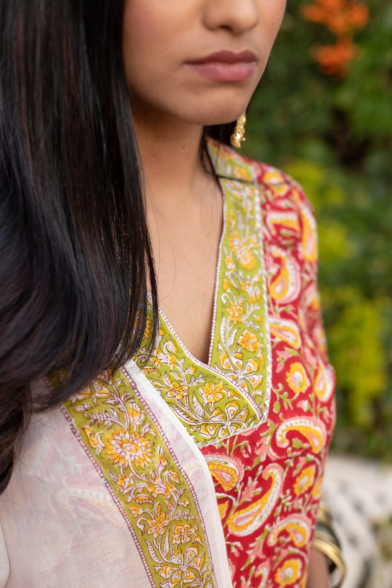 Red Cotton Suit Set With Yellow Keri Print 2