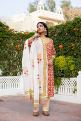 Red Cotton Suit Set With Yellow Keri Print 4