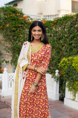 Red Cotton Suit Set With Yellow Keri Print