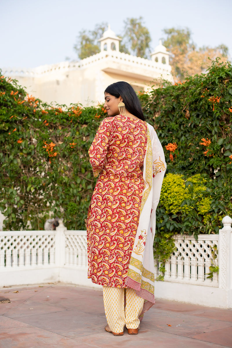 Red Cotton Suit Set With Yellow Keri Print 5