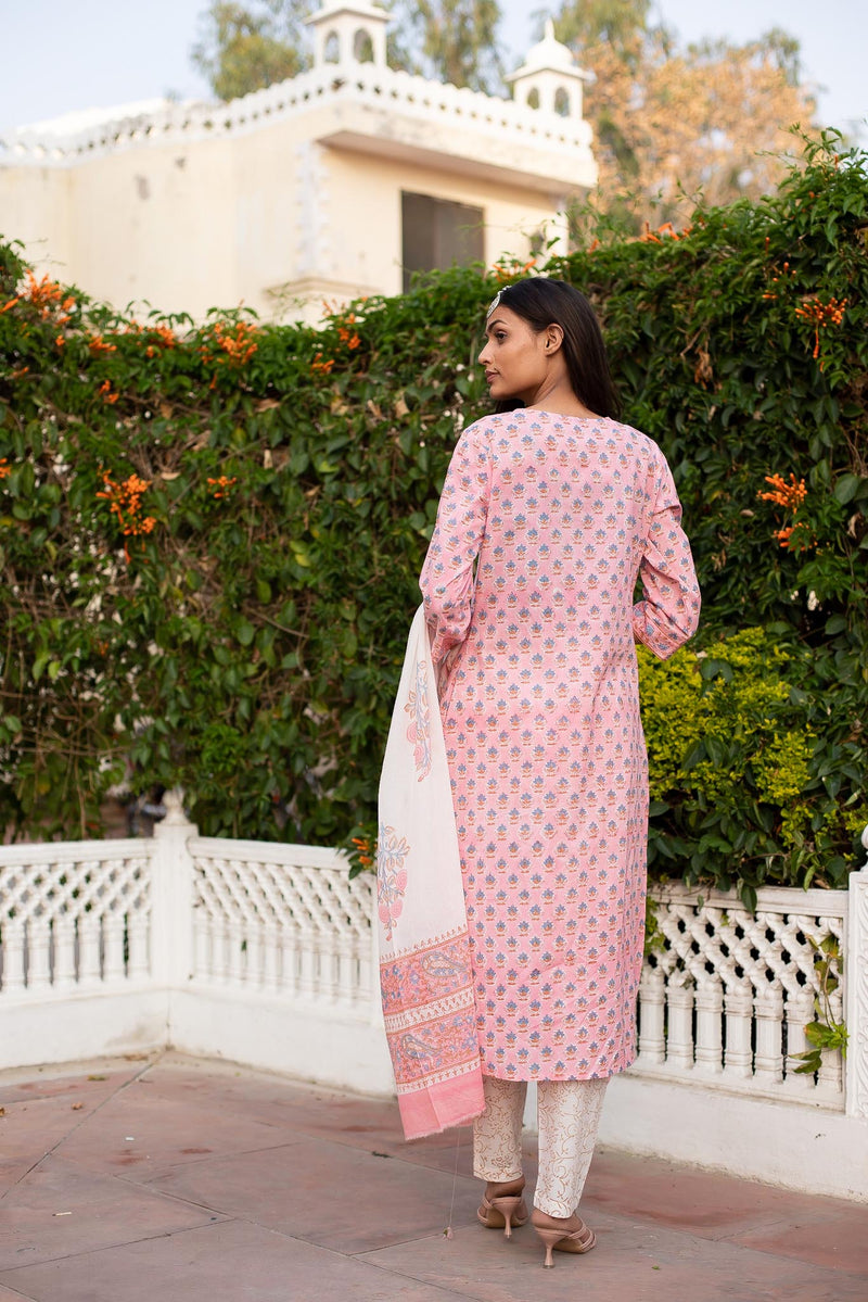 Pink Cotton Suit Set with Green buti Floral Jaal