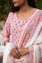 Pink Cotton Suit Set with Green buti Floral Jaal