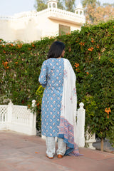 Blue Cotton Suit Set with White Floral Jaal 4