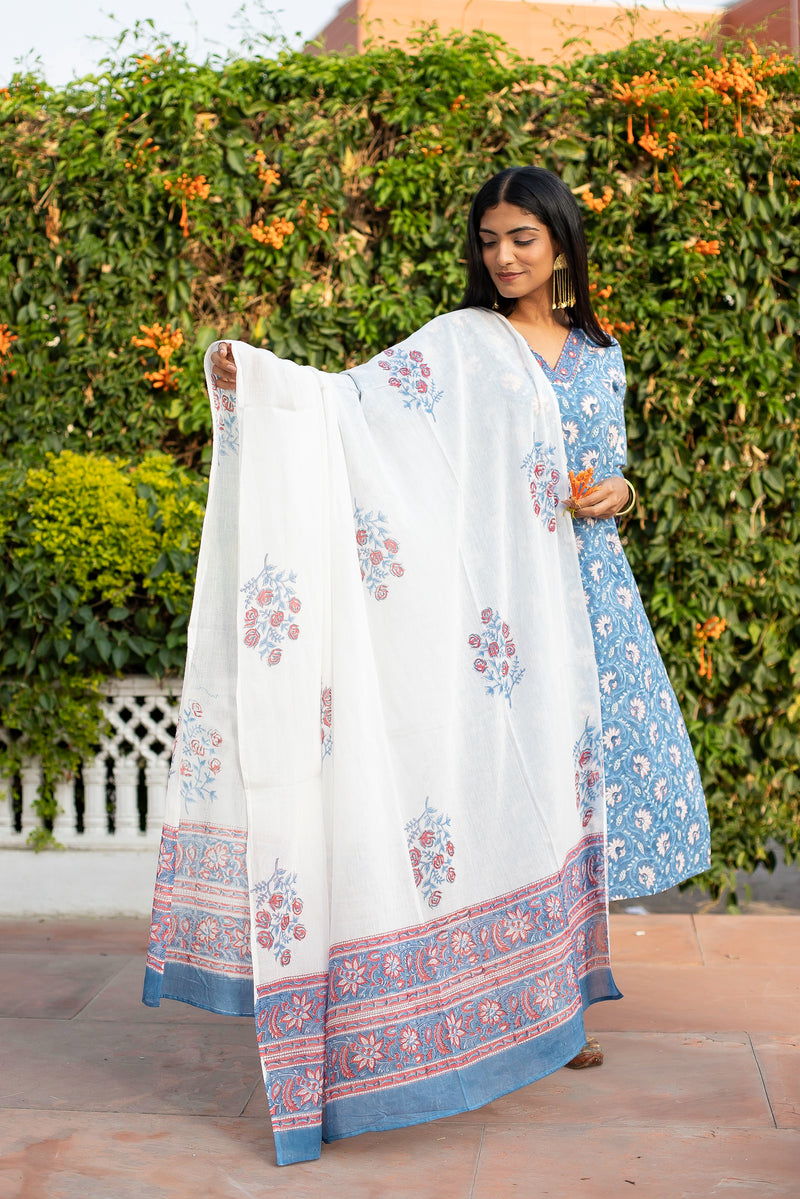 Blue Cotton Suit Set with White Floral Jaal 2