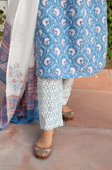 Blue Cotton Suit Set with White Floral Jaal 3