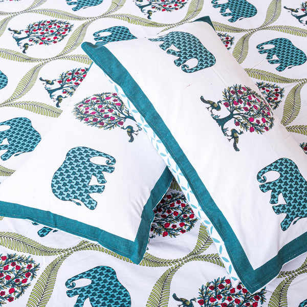 Cotton Queen Size Bedsheet - Blue Elephant Print