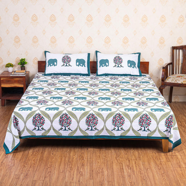 Cotton Queen Size Bedsheet - Blue Elephant Print