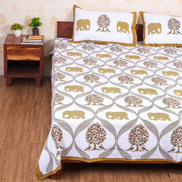 Cotton Queen Size Bedsheet - Yellow Elephant Print