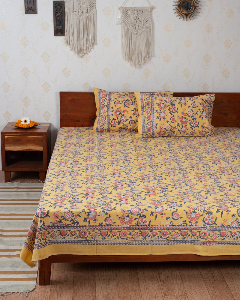 Cotton Double Bedsheet Lemon Yellow Orange Floral Print