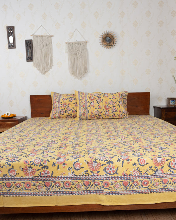 Cotton Double Bedsheet Lemon Yellow Orange Floral Print 1
