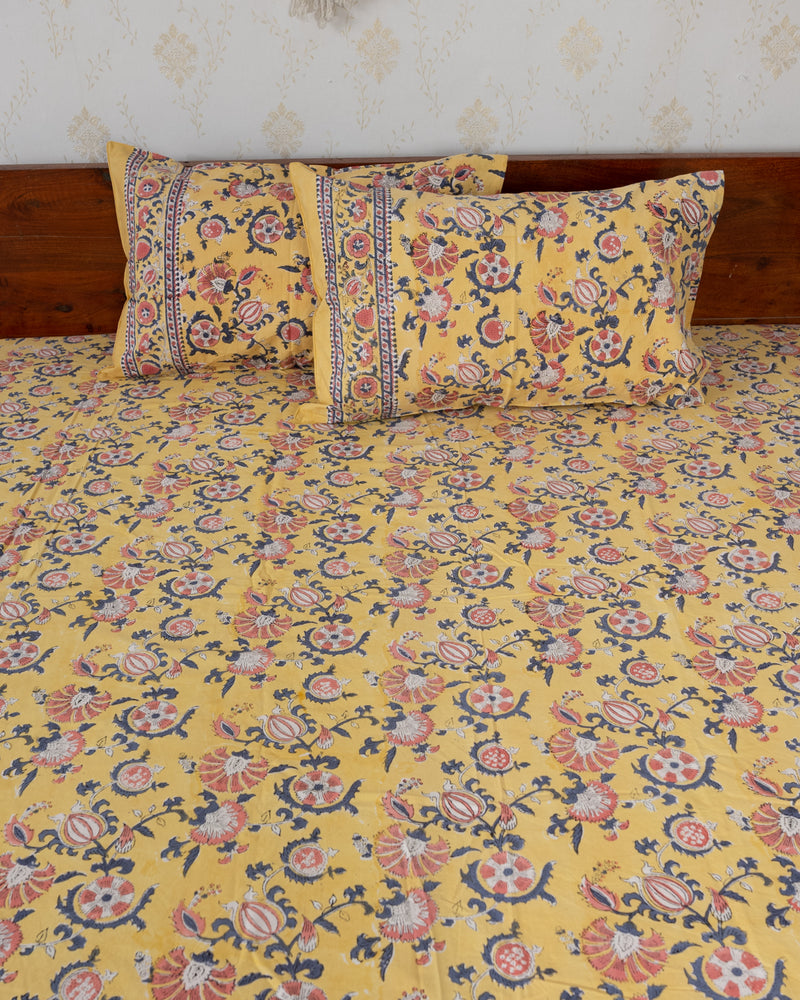 Cotton Double Bedsheet Lemon Yellow Orange Floral Print 2