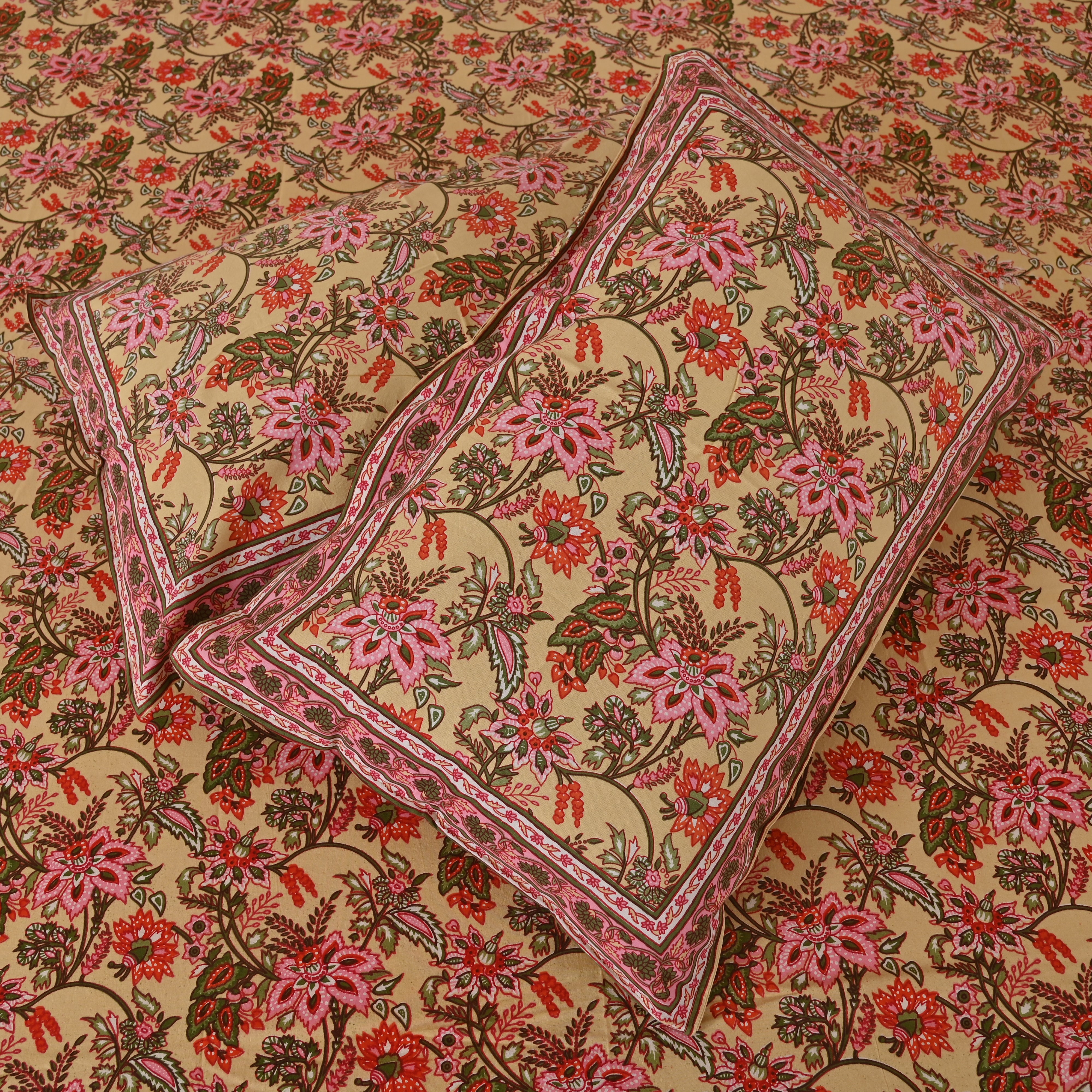 Cotton Cream Queen Size Pink Green Floral Jaal Bedsheet