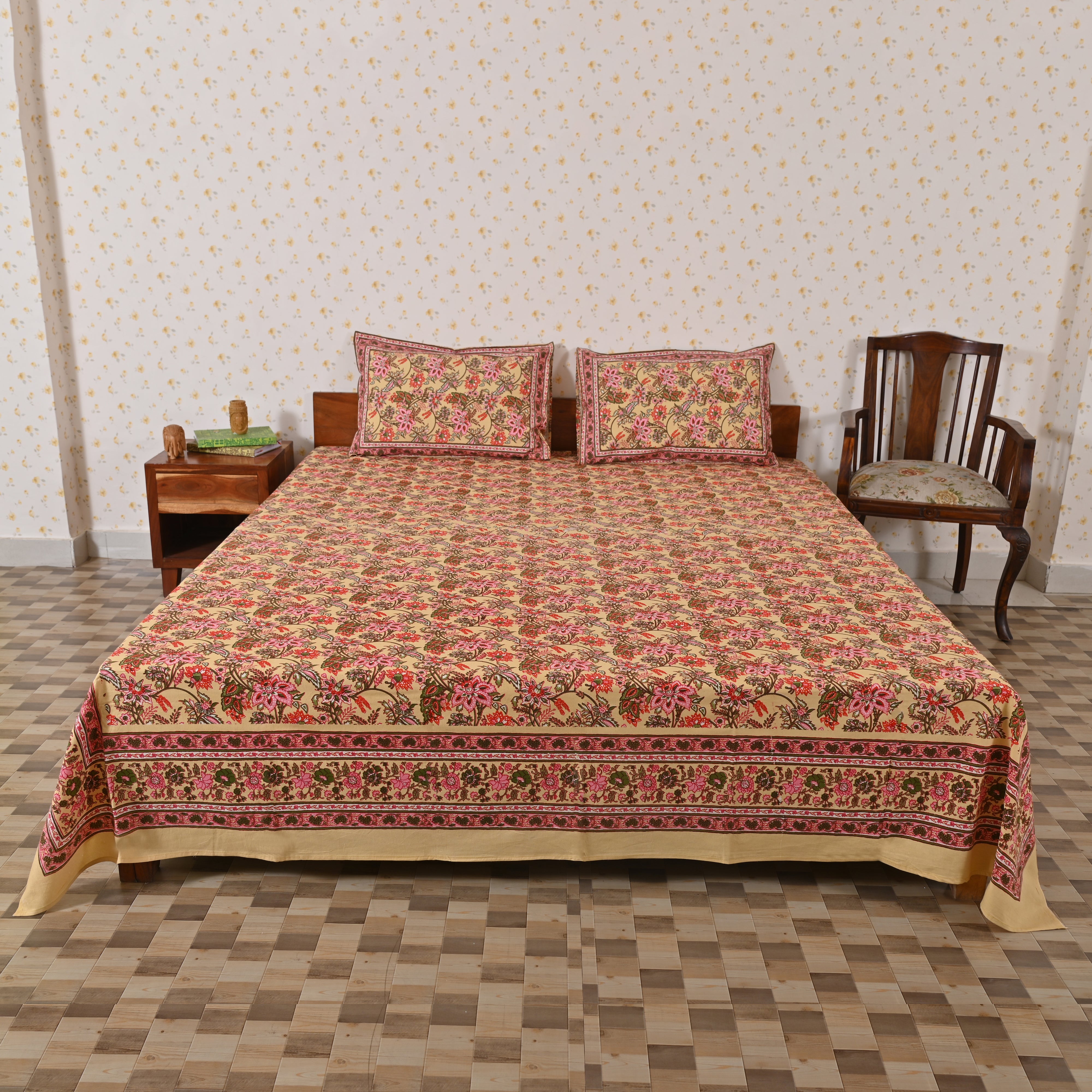 Cotton Cream Queen Size Pink Green Floral Jaal Bedsheet