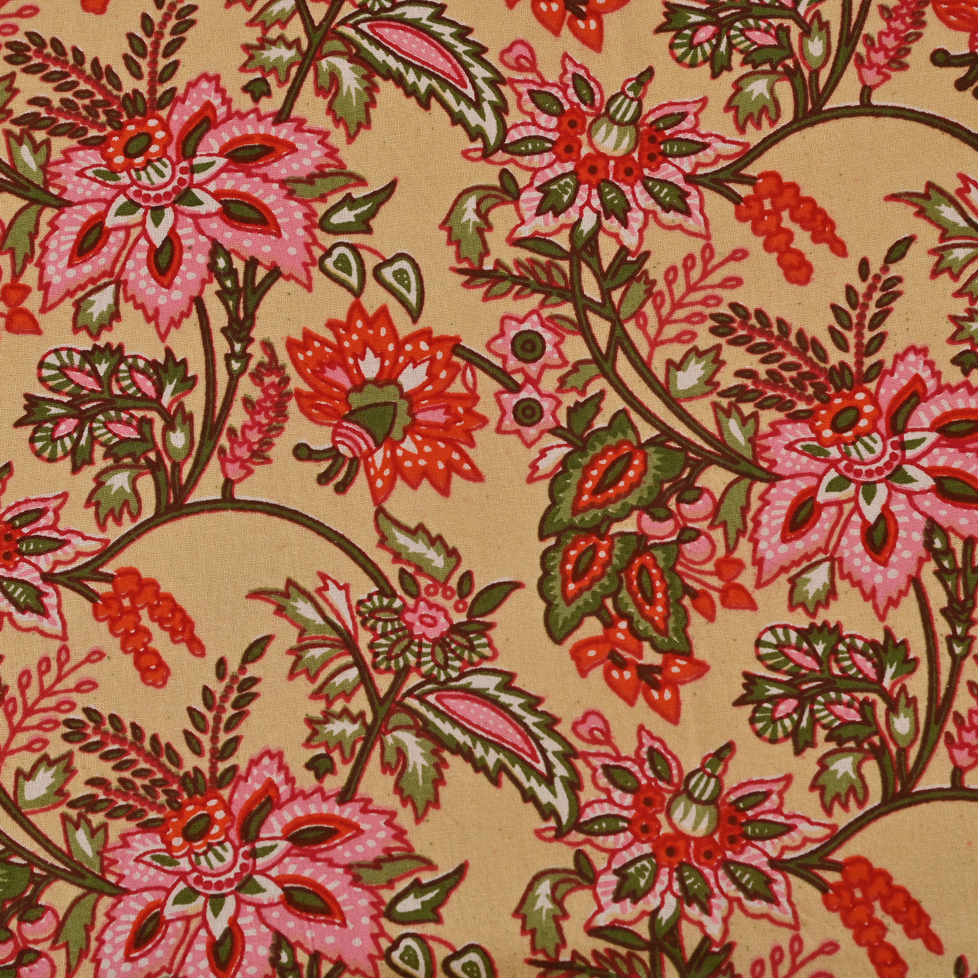 Cotton Cream Queen Size Pink Green Floral Jaal Bedsheet