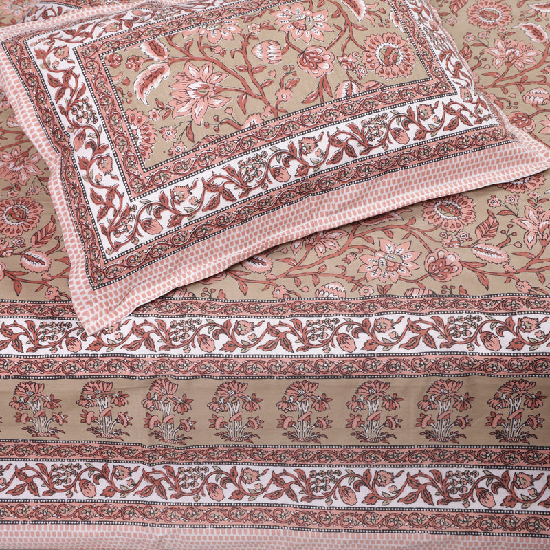 Cotton Queen Size Bedsheet Peach-Light Green Color 1