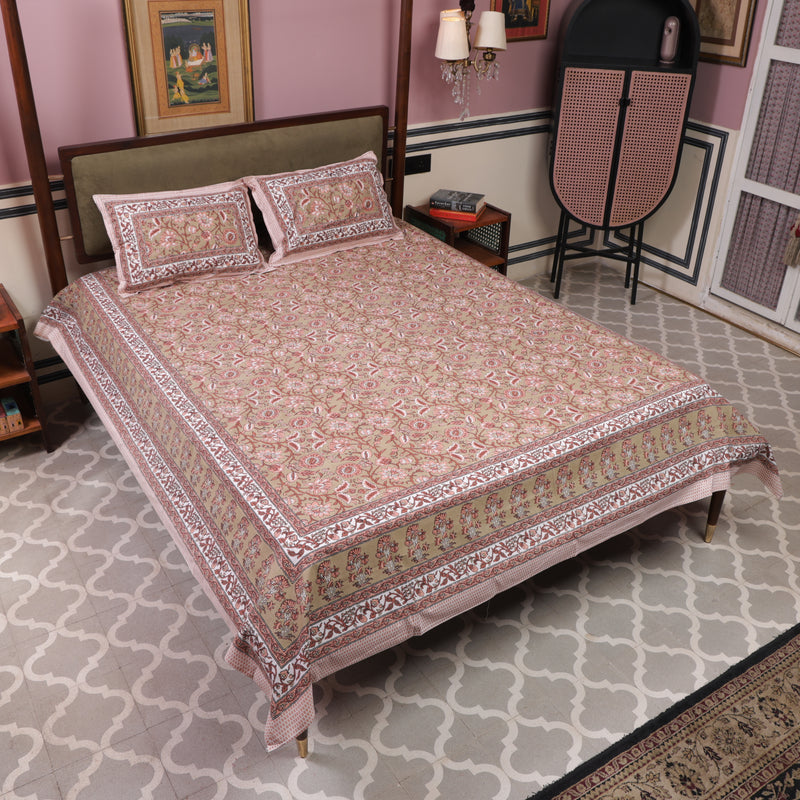 Cotton Queen Size Bedsheet Peach-Light Green Color