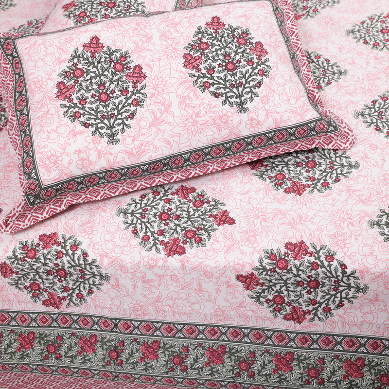 Cotton Queen Size Bedsheet Green Floral Motif