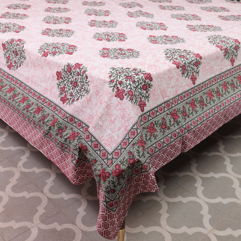 Cotton Queen Size Bedsheet Green Floral Motif
