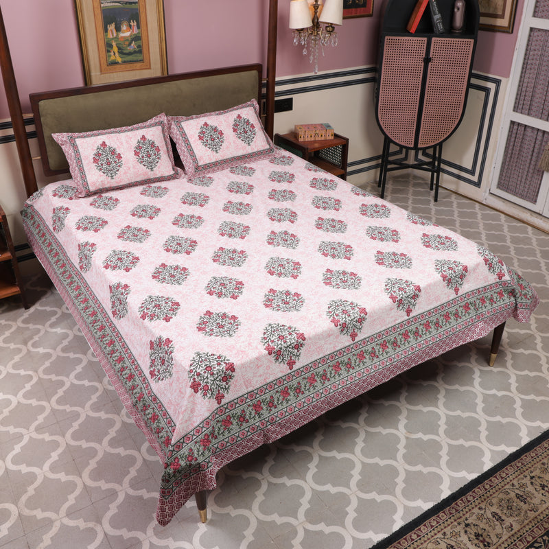 Cotton Queen Size Bedsheet Green Floral Motif