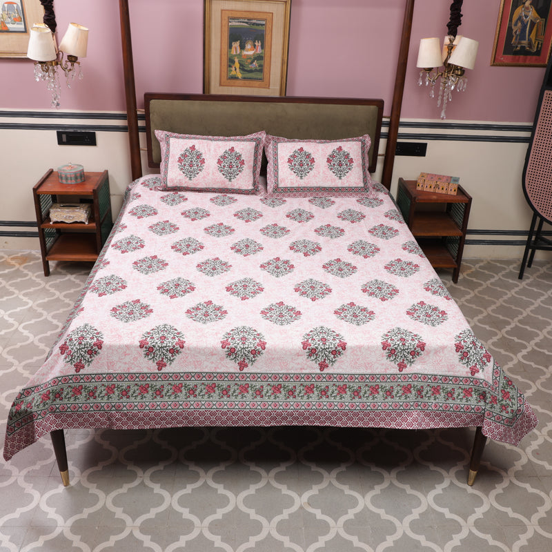 Cotton Queen Size Bedsheet Green Floral Motif
