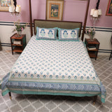 Cotton Queen Size Bedsheet Blue Floral Motif