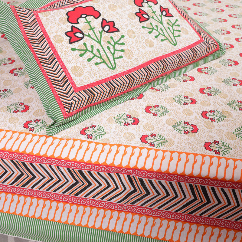 Cotton Queen Size Bedsheet Red Floral Motif 1