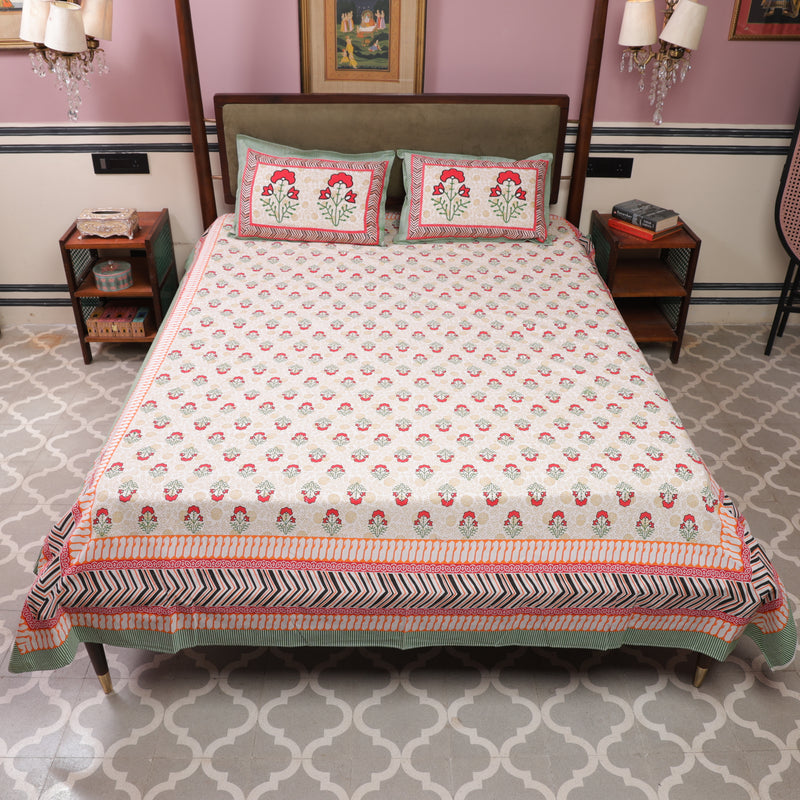 Cotton Queen Size Bedsheet Red Floral Motif