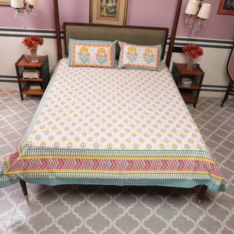 Cotton Queen Size Bedsheet Yellow-Green Floral Motif