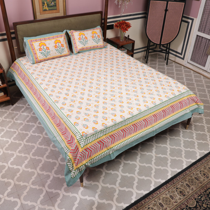 Cotton Queen Size Bedsheet Yellow-Green Floral Motif 3