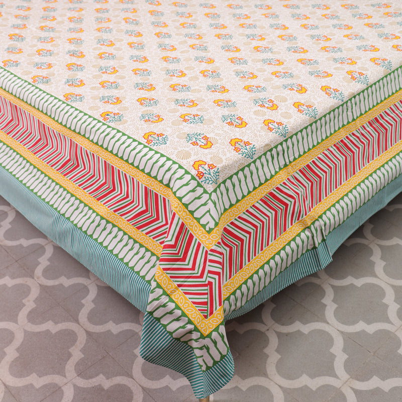 Cotton Queen Size Bedsheet Yellow-Green Floral Motif 2