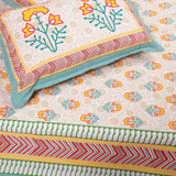 Cotton Queen Size Bedsheet Yellow-Green Floral Motif 1