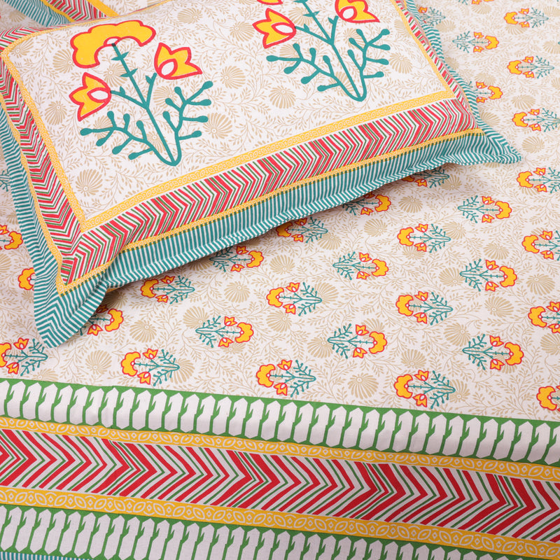 Cotton Queen Size Bedsheet Yellow-Green Floral Motif 1