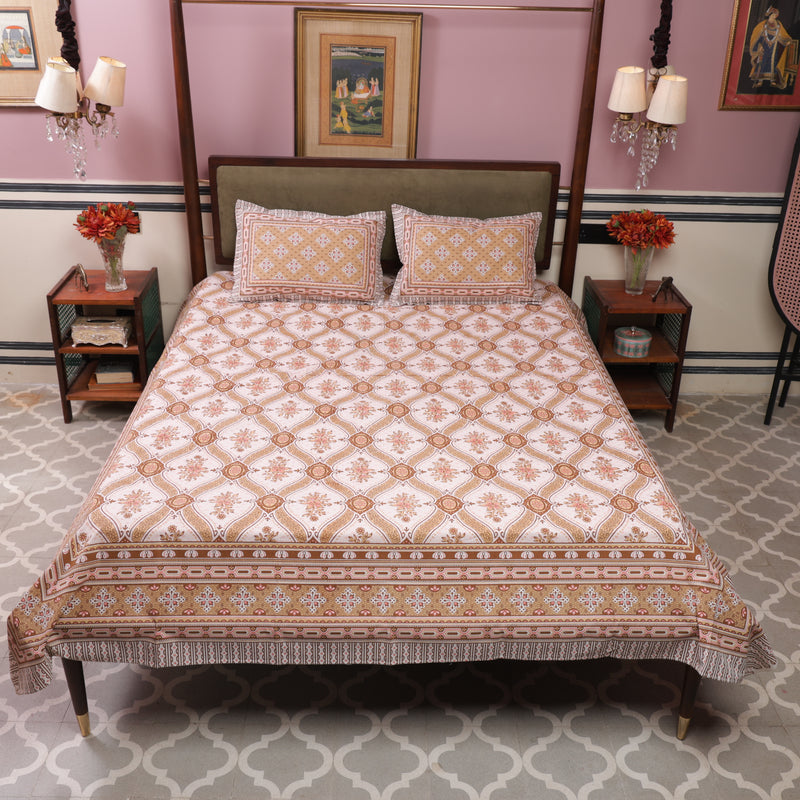 Cotton Queen Size Bedsheet Sepia Yellow Floral Print
