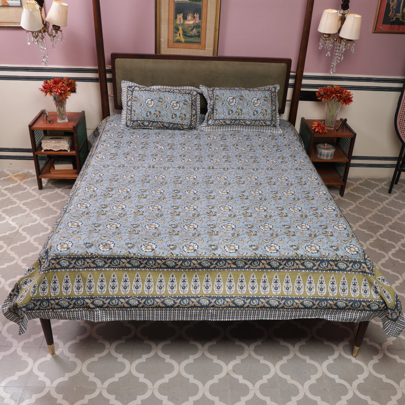 Cotton Queen Size Bedsheet Sky Blue Floral Jaal