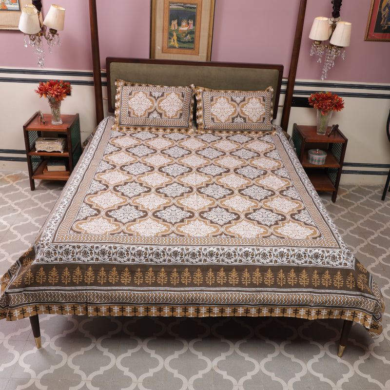 Cotton Queen Size Bedsheet Brown Floral Print