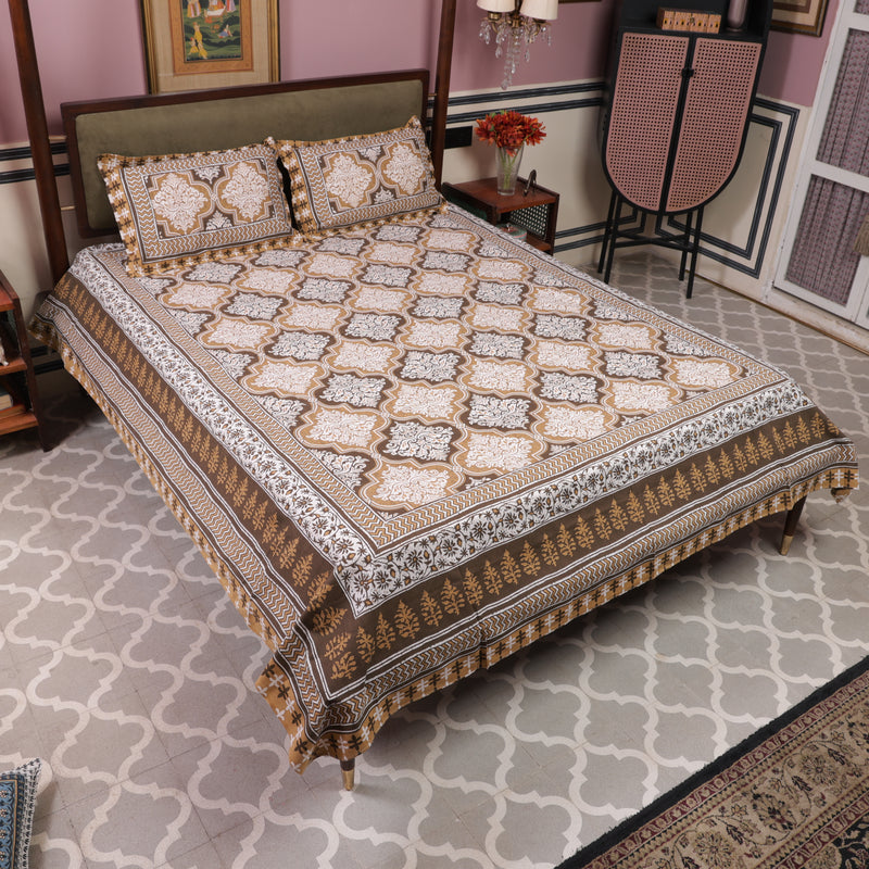 Cotton Queen Size Bedsheet Brown Floral Print 2