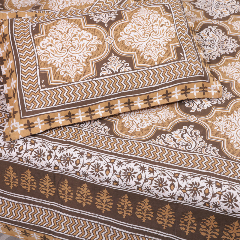 Cotton Queen Size Bedsheet Brown Floral Print 1
